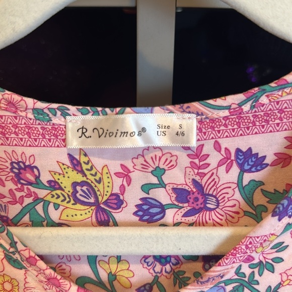 R. Vivimos pink/yellow/blue floral long sleeve elastic cuff midi dress size S - Picture 2 of 3